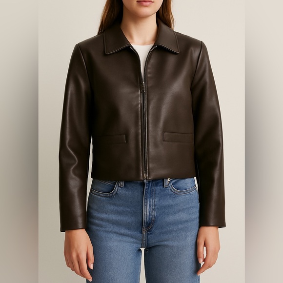 Vintage Women’s Brown Faux Leather Blazer Jacket Size6 Made in Canada Shiny Silk - Picture 2 of 7